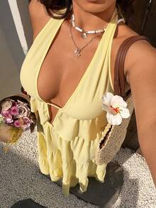 Sunnyshic 两件套纯色性感简约度假风露背宽松长裙套装，优雅 - 黃色 - 查看 4