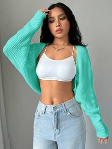 SHEIN Unity Women's Solid Color Short Casual Cropped Cardigan - Green - View 8
