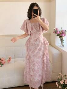 Đầm midi thanh lịch với cổ áo xếp ly và eo thắt, thích hợp cho tiệc tùng, đám cưới, hoặc đi nghỉ mát. - Hồng - Xem 1