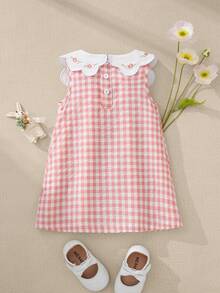 Souflis Souflis Summer Dresses New French Retro Patchwork Floral Collar Rabbit & Floral Embroidery Comfortable Pink Plaid Dress - Pink - View 3