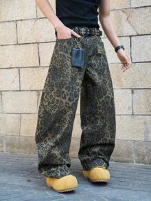 Manfinity EMRG Men's Leopard Print Pocket Casual Versatile Daily Wear Wide Leg Jeans Guys Guys Baggy Leopard Print Jeans - Multicolor - View 6
