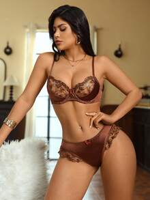 2件套女士花卉刺绣网纱性感钢圈文胸套装 - 咖啡棕 - 查看 5