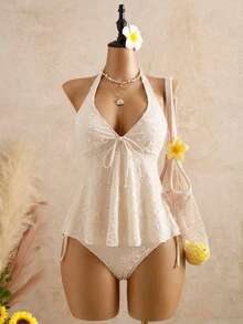 Bellisia Top de bikini de camisola de tela texturizada con lunares, traje de baño vintage con conchas, traje de baño de encaje, traje de baño nupcial, traje de baño color crema - Beis - Ver 6