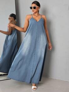 Slaydiva 大码女式休闲宽松牛仔吊带连衣裙，适合约会和外出穿着 - 中等水洗藍 - 查看 6