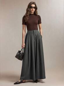 BizChic 2026春夏新款灰色褶裥阔腿裤，显瘦拉长身形，侧边口袋设计，浪漫休闲时尚优雅，适合派对、工作、都市通勤等场合。