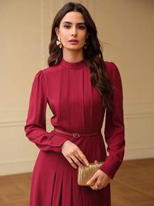 ZEYLAH Women's Pleated Cinched Waist A-Line Dress, Autumn/Winter - Red Violet - View 6