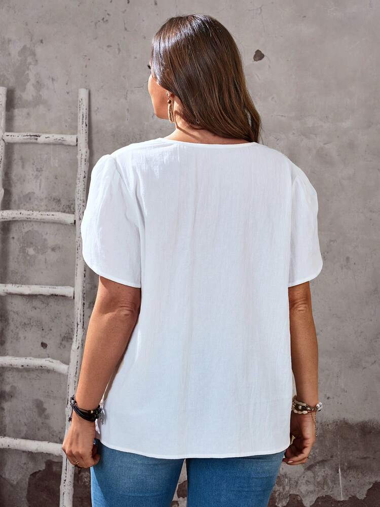 Plus Size Solid Color Petal Sleeve Button-Up Shirt, Summer\Vacation, Summer Tops