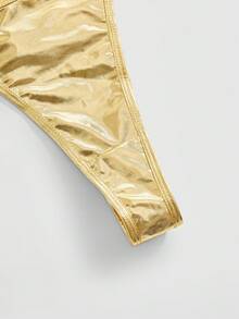 ROMWE Grunge Punk Dark Punk Music Festival Coated Metal Material Halter Neck Sexy Jumpsuit - Gold - View 4