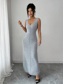 SHEIN Raffinéa Women's Grey V-Neck Sleeveless Fashionable Minimalist Versatile Knit Dress, Spring/Summer - Grey - View 4
