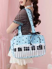 ROMWE Anime 1 pieza Bolso de mano de mujer con estampado de lunares, parche de corazón con lazo, encaje y arte pop, adecuado para compras y campus. 2da generación Bolso transparente con insignia de nota musical y muñeca para festivales de música - Azul menta - Ver 2