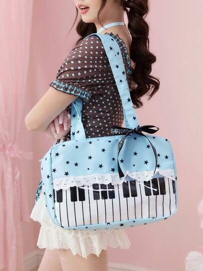 ROMWE Anime 1个可爱甜美蝴蝶结爱心蕾丝拼接波点波普艺术女士手提包，第二代零食数量音符音乐节透明分层徽章娃娃展示单肩包，适合购物、校园