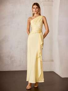 MOTF Soiréza WOMEN'S ONE SHOULDER TAILORED STRUCTURE METAL DECOR ELEGANT ROMANTIC EVENING DRESS, SPRING/SUMMER - Yellow - View 5