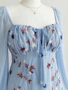 Dreamara Plus Size Women Floral Embroidery Tie-Up Long Sleeve Vacation Blue Mini Dress - Blue - View 8