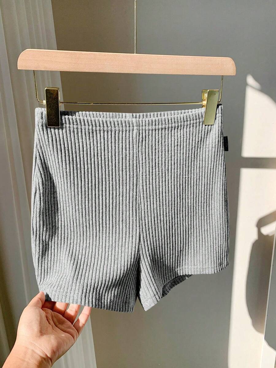 Comfortcana Damen einfarbige elastische Taille Lässig gerippte Super Kurze Leggings - Grau - Übersicht 1