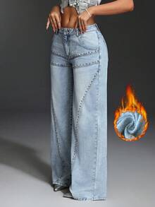 Slaydiva Quần jeans ống rộng dáng suông màu xanh nhạt cỡ lớn, phong cách thường ngày. - Rửa nhẹ - Xem 2