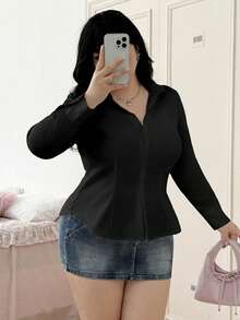 CovetEZ 加大码白色绷带纽扣衬衫，春夏款 - 黑色 - 查看 6