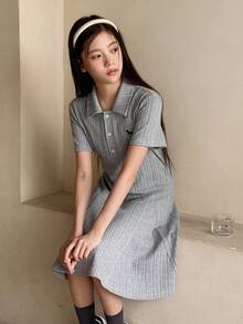 Dazy Kids 少女翻领纽扣半开襟独角兽印花休闲度假短袖连衣裙 - 灰色 - 查看 2
