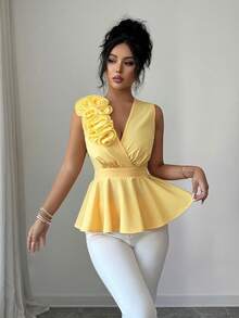 Elenzga Women's Sleeveless V-Neck Ruched Waist Blouse With 3D Floral Applique, Elegant A-Line, Yellow, Spring/Summer - Yellow - View 4