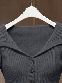 GlowEve 女士 Niche 黑色翻领收腰细罗纹长袖开衫，适合日常穿着和户外活动，春秋季皆宜。 - 深灰色 - 查看 4