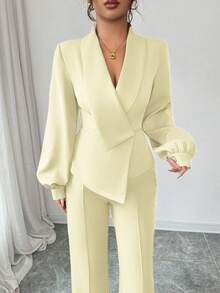 Elenzga 女士优雅休闲通勤度假下午茶聚会纯色不规则交叉领西装外套灯笼袖衬衫袖口松紧腰A字喇叭裤套装，适合春、秋、冬季穿着。 - 淡黃色 - 查看 3