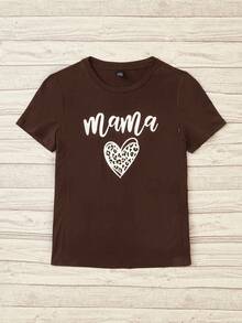 SHEIN Maternity Round Neck Heart & Letter Print Casual Versatile Daily Wear Short Sleeve Top - Coffee Brown - View 6