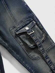 ROMWE Grunge Punk 做旧朋克金属铆钉超低腰喇叭牛仔裤 - 藍色 - 查看 4