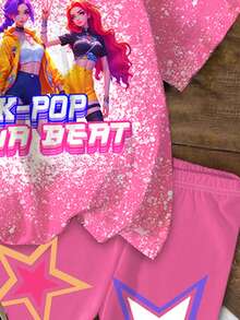 SHEIN Bộ 2 món dành cho bé gái, phong cách K-POP, in hình bình nước và chữ ngôi sao, áo thun cổ tròn tay ngắn và quần short, thích hợp cho các kỳ nghỉ, tiệc tùng, mặc hàng ngày và các buổi hòa nhạc. - Nhiều màu - Xem 6