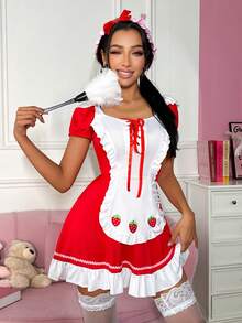 Valentine's Day Fantasy Costume/2pcs Set Red & Pink Bow Ribbon Dress With Strawberry Hat, Women's Lingerie Costume - Red and White - View 3