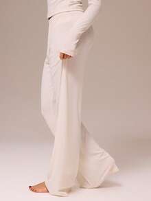 MUSERA ESSENTIALS Wide Leg Elasticated Waist Pointelle Trousers Coord Bottoms Only Spring Winter Cosy Cute Daily Girly Lounge Essential - Cream - View 3