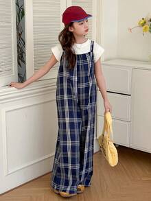 DAZY Tween Girl Plaid Print Casual Versatile Jumpsuit - Navy Blue - View 4