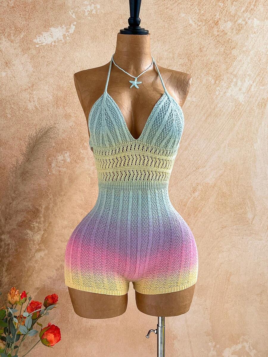 Soleia Women's Ombre Hollow Design Backless Halter Knitted Romper - Multicolor - View 1