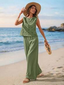 Sylviya Set de 2 piezas de top de tirantes y pantalones de unicolor con bordado calado para mujer, ideal para vacaciones - Verde - Ver 6