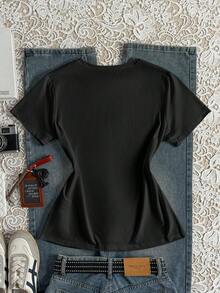 Noixe 女士标语吉他印花V领修身休闲T恤 - 黑色 - 查看 2