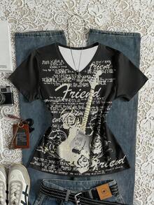 Noixe 女士标语吉他印花V领修身休闲T恤 - 黑色 - 查看 3