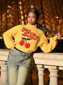 Mima John 可爱纯洁甜美学院风樱桃刺绣高领灯笼袖女式毛衣、长袖上衣 - 黃色 - 查看 5