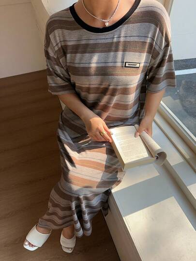 Dazy Plus Plus Size Women's Letter & Striped Pattern Round Neck Short Sleeve Casual Nightgown