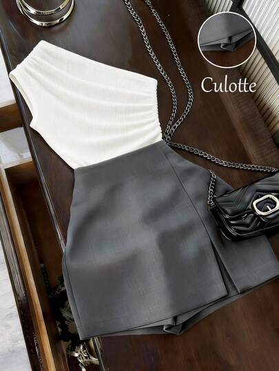 Resyla Women's Summer Commuter Versatile 2-Piece Set, White Pleated Blouse + Grey Side Slit Skort, White + Grey Matching Outfit, Spring/Summer Casual Pants 2 In 1 Stylish Pants Skirt, High-Waisted Design Optimizes Proportions, Slightly Wide Leg Flatters And Slims, Suitable For Commuting, Daily Wear, Summer, Party, Beach, Date, Graduation, Business Office, Urban Teacher Uniform, Casual Pants Set