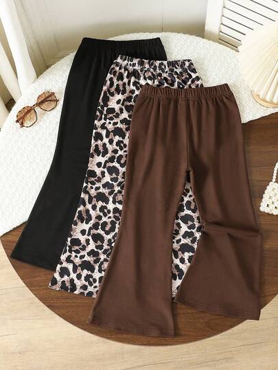 SHEIN Genkimix Kids 3pcs Girls Flare Pants Set [Black + Leopard Print + Brown], Able To Hold Casual Style And Also Achieve Sweet & Cool Look, New Young Girl Elastic Fitted Flare Pants, Suitable For Spring/Autumn Outerwear Or Autumn/Winter Layering