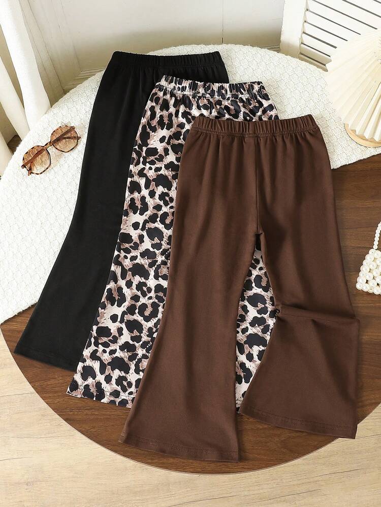 SHEIN Genkimix Kids 3件套女童喇叭裤套装【黑色+豹纹+棕色】，既可打造休闲风格，也可展现甜美酷感，新款少女弹力修身喇叭裤，适合春秋季外穿或秋冬季叠穿。 - 彩色 - 查看 1