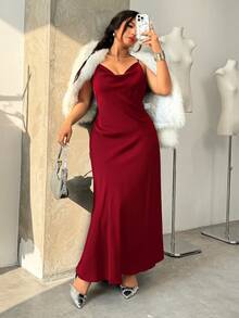 GalTyme Wine Red Plus Size Women's Elegant Cowl Neck Party Dress,,Date, Commute, Party,Fall /Autumn/Winter/Summer,Christmas,New Year,Thanksgiving,Party,Wedding,Beach,Graduati,Chic,Elegant,Casual,Going Out,Date,Appointment,Commute,Shining,Valentine's Day,Elegant ,Vacation,Casual,Y2k,Sexy - Burgundy - View 3