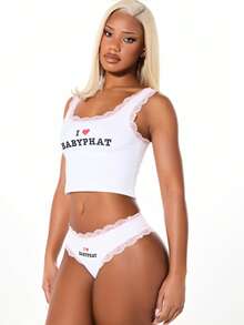 BABYPHAT 撞色蕾丝罗纹三角裤和背心套装 - 白色 - 查看 5