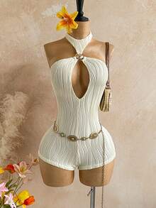 Soleia Bộ áo liền quần mùa hè gợi cảm dành cho nữ, kiểu dáng đi biển, màu trơn, chất liệu vải có họa tiết, khoét ngực, hở lưng, buộc dây phía trước (không bao gồm dây thắt eo). - trắng - Xem 1