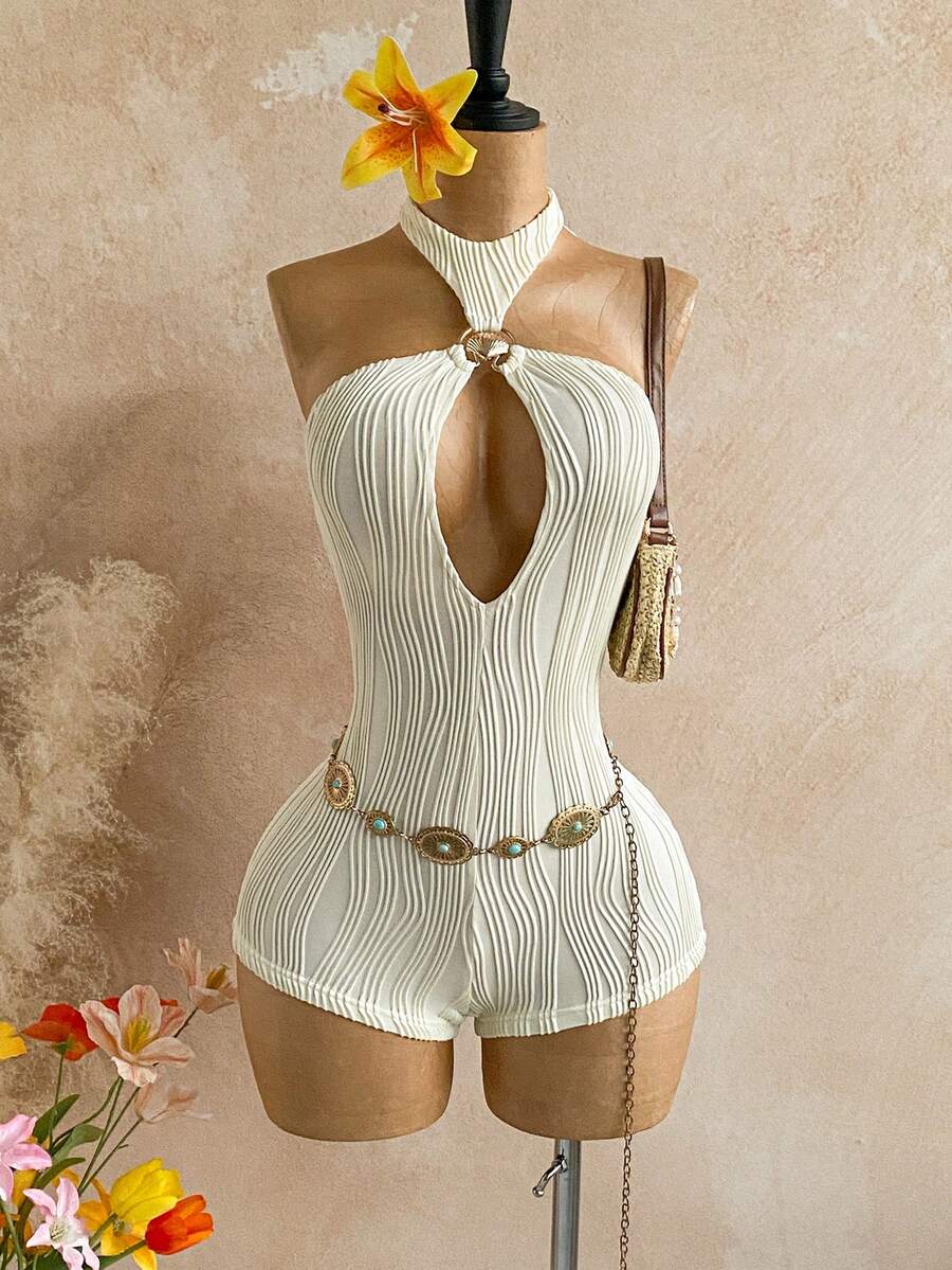 Soleia Bộ áo liền quần mùa hè gợi cảm dành cho nữ, kiểu dáng đi biển, màu trơn, chất liệu vải có họa tiết, khoét ngực, hở lưng, buộc dây phía trước (không bao gồm dây thắt eo). - trắng - Xem 1