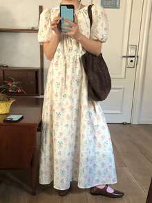 FRIFUL Đầm ngắn tay phồng in hoa cài cúc dành cho nữ, kiểu dáng thường ngày, thích hợp dự tiệc cưới mùa xuân. - trắng - Xem 8