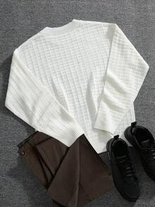 Manfinity Homme Suéter casual de cuello redondo, hombros caídos y manga larga de unicolor para hombres, otoño/invierno - Blanco - Ver 2