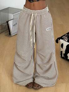Coolane Women's Summer Basic Striped Wide Leg Sweatpants - Khaki - View 3