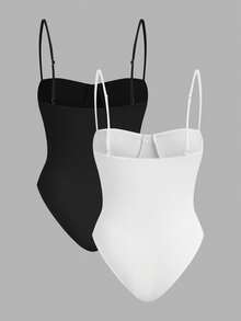 SHEIN EZwear 女士黑白针织吊带连体衣，修身款，夏季 - 彩色 - 查看 2