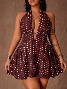 Rustia Vestido mini sexy de línea A con escote halter y lunares para mujer de talla grande - Marrón - Ver 3