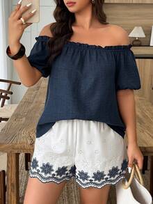 Weeklong Plus Size Women Spring/Summer Matching Contrast Color Eyelet Embroidery Casual/Work Suit Set - Multicolor - View 5