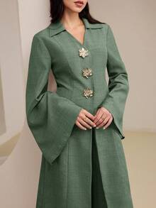 Veilorie Conjunto de 2 piezas de top elegante largo y pantalones de pierna ancha para mujer - Verde - Ver 5